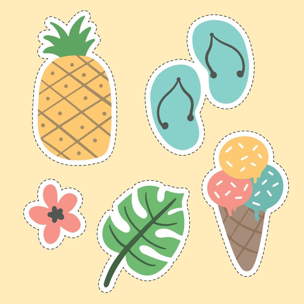 pegatinas de verano conjunto de sandalias piña hojas tropicales helado vector