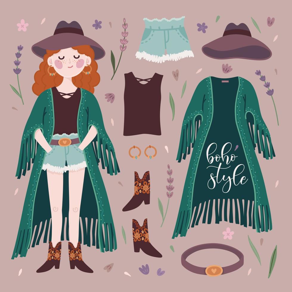Boho girl and outfit vector