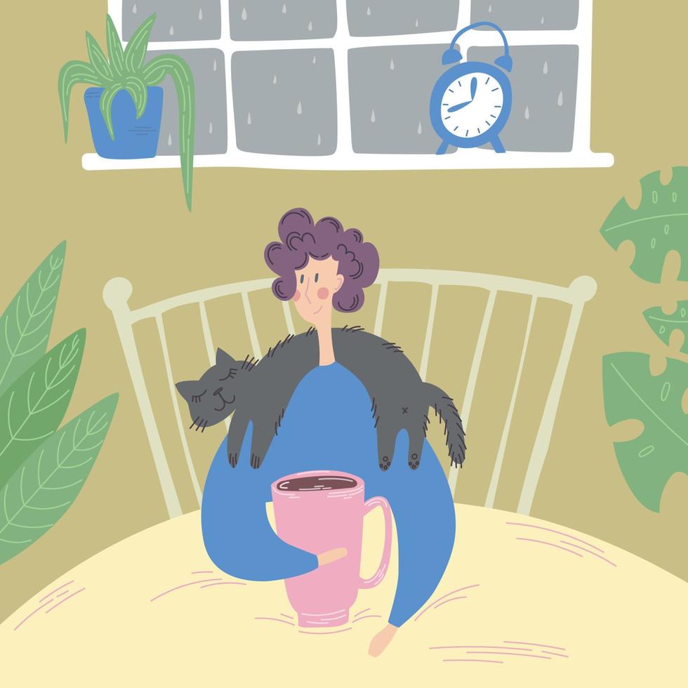 Comfort, rest, cozy relaxation with cat and hot tea in bed at home concept. Young smiling girl drinking tea or coffee in bed, petting cat and relaxing looking at window at home. Hand drawn vector. vector