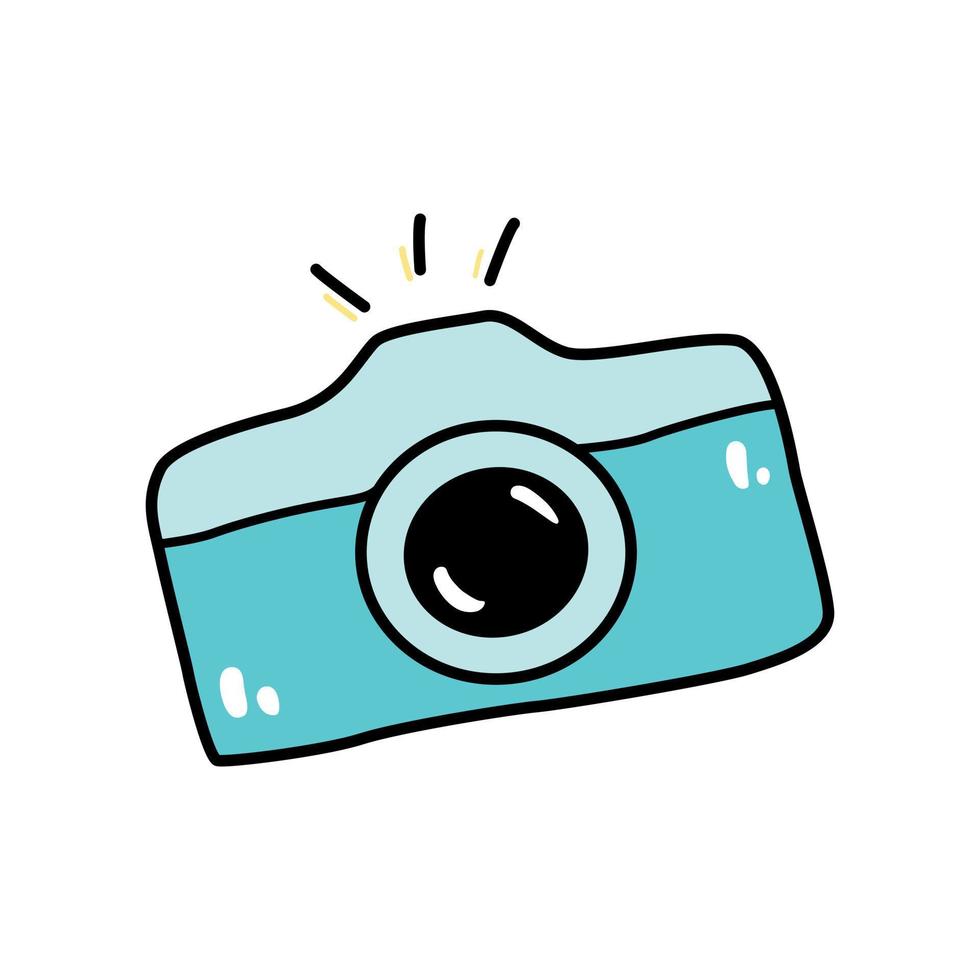 Hand drawn colorful camera doodle style, vector illustration isolated on white background. Blue device for making shots, photo equipment, cute design element