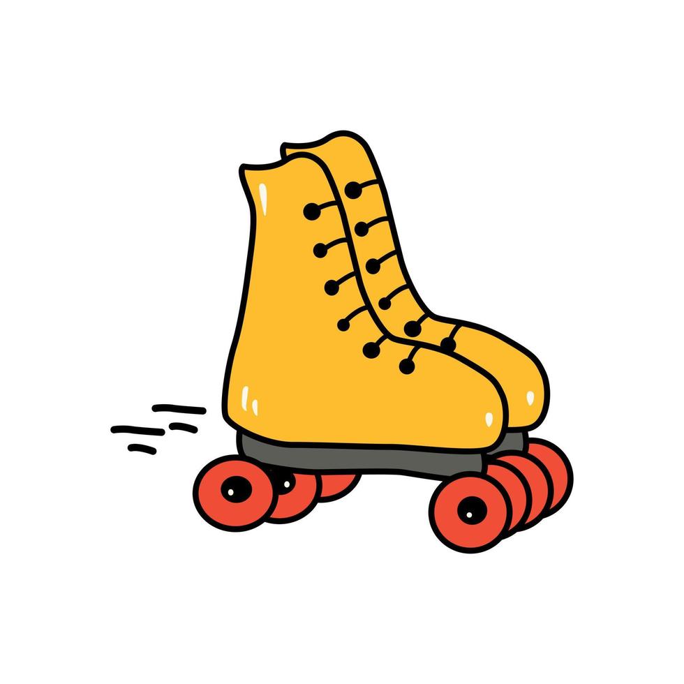 Hand drawn bright retro roller skates doodle style, vector illustration isolated on white background. Vintage vibes, black outline design element, active leisure