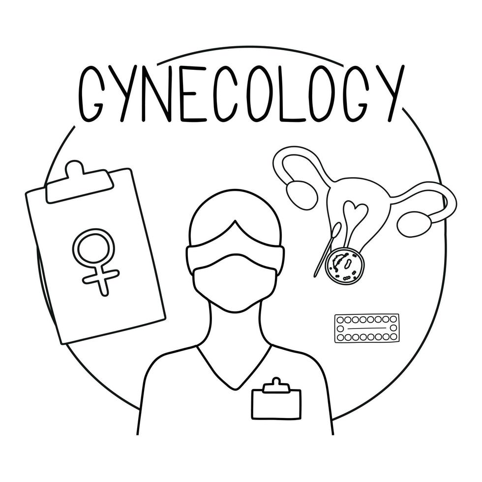 Gynecology thin line icons set. Gynecologist, check up, bacteria test, birth control pills. vector