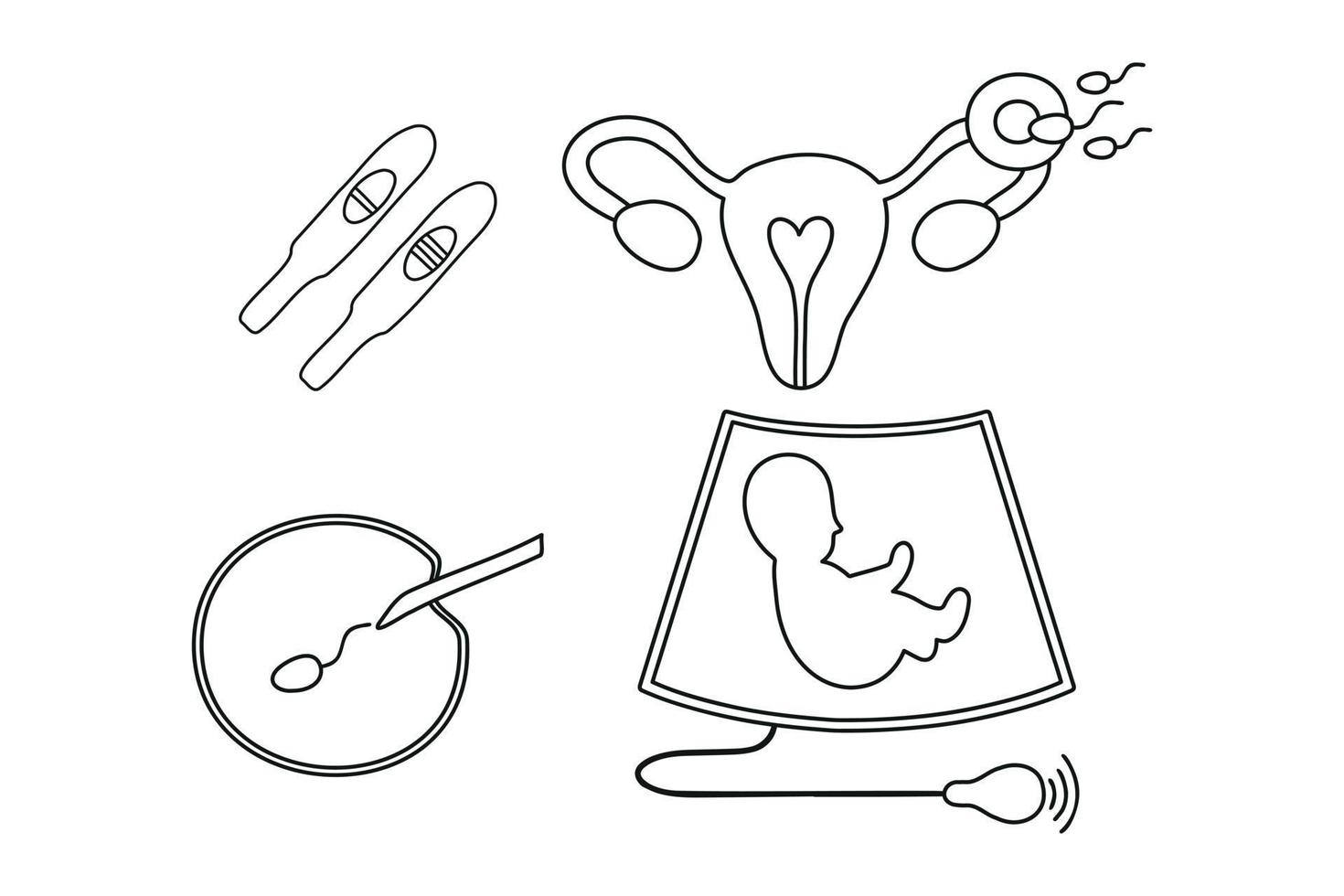 Obstetrics icons set. Ultrasound, artificial fertilization, pregnancy, fetus, intrauterine insemination, pregnancy test. vector