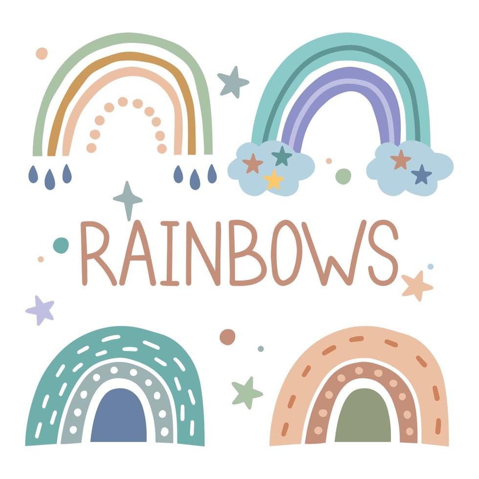 un conjunto de arco iris con corazones, nubes, lluvia al estilo escandinavo de los niños, aislado en un fondo blanco. perfecto para niños, afiches, estampados, postales, tela. vector