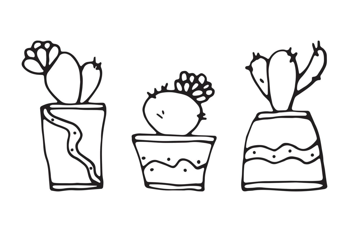 Potted cactus are drawn with a black line on a white background. Vector doodles.