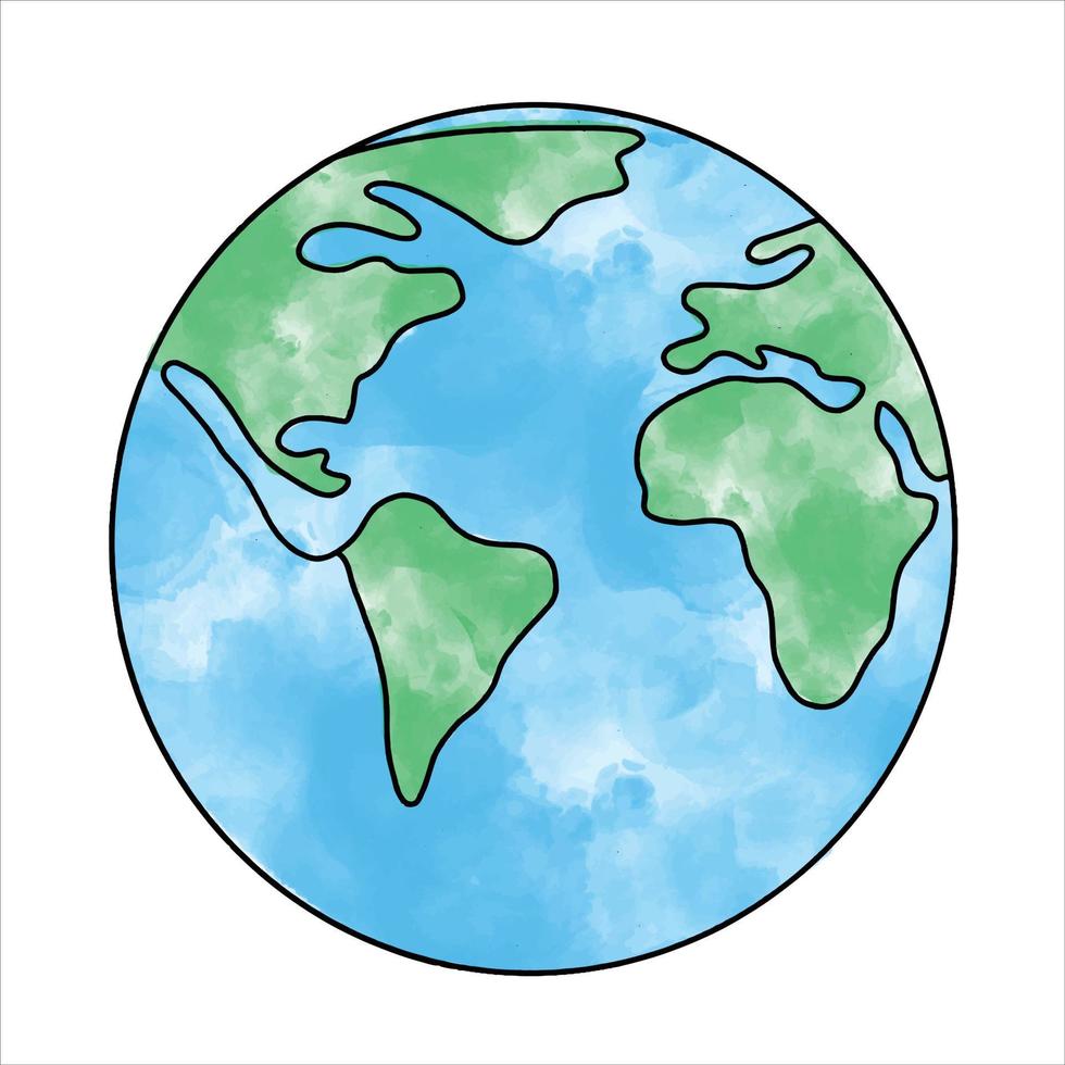 dibujo de una sola línea continua de la esfera del globo, mapa del planeta tierra. logotipo de planeta, diseño redondo de esfera de mapa mundial con textura de acuarela artística, ilustración vectorial aislada vector