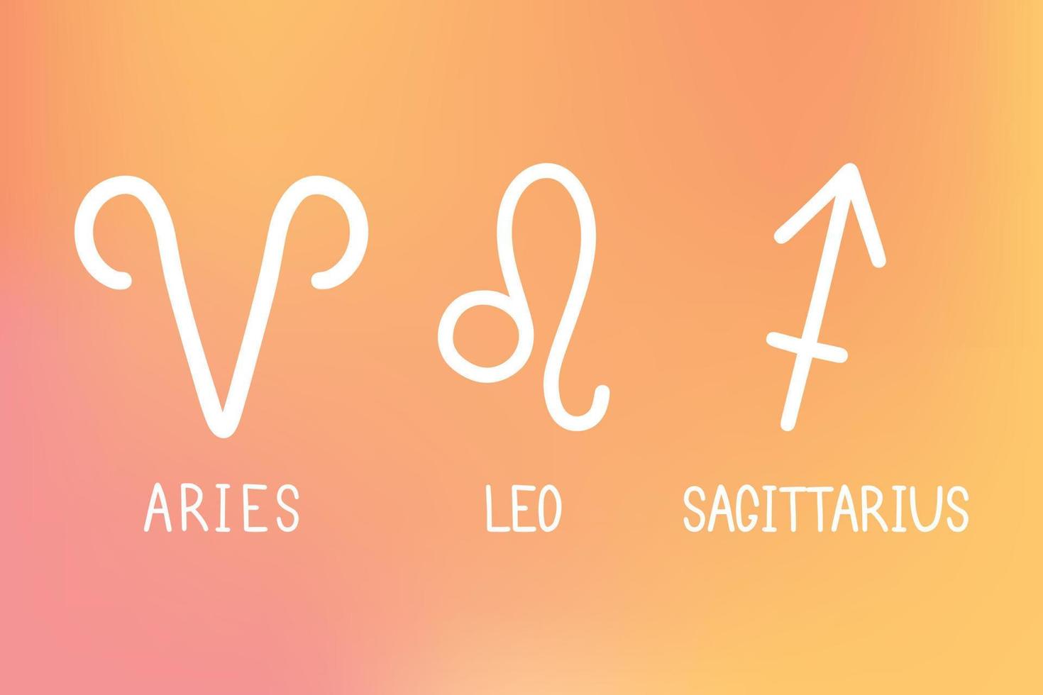 Vector set of fire zodiac signs. Symbols 3 signs with inscriptions. Aries, Leo and Sagittarius. Vector images of zodiac signs for astrology and horoscopes.