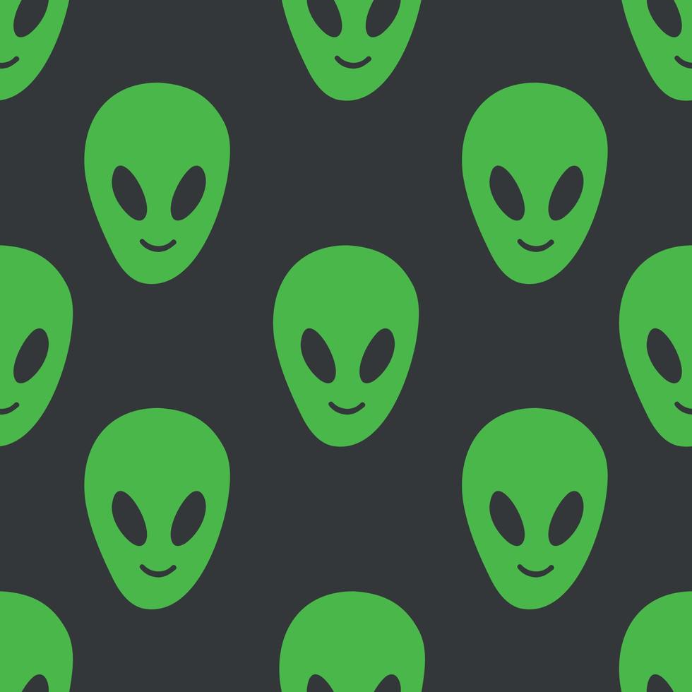 Children's seamless background with alien ufo faces. Sci-fi pattern on a dark background. Hand-drawn doodle style. Alien pattern, a children's pattern in the style of a hand-drawn doodle. vector