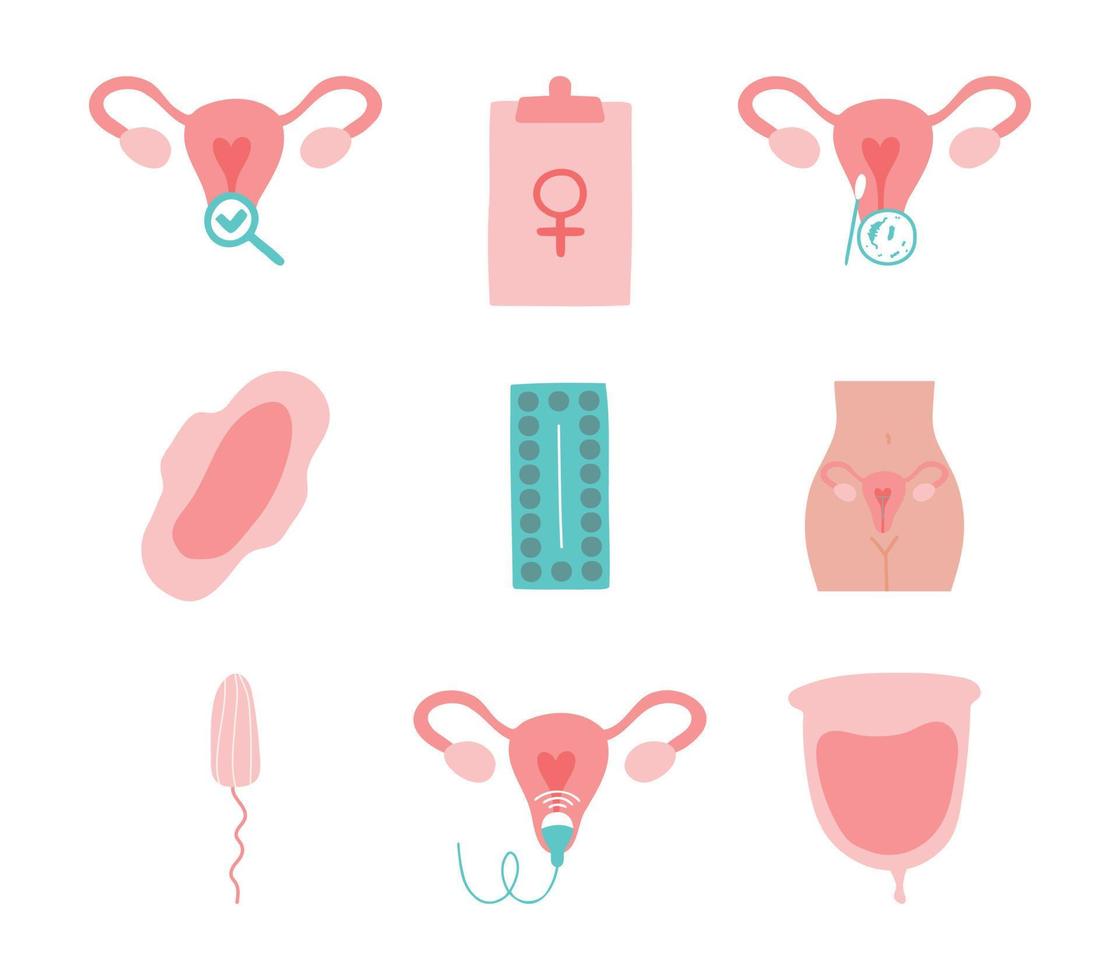 conjunto de iconos de ginecología. ecografía, chequeo, fecundación artificial, cirugía ginecológica, pastillas anticonceptivas, menstruación copa menstrual, tampón, compresa, dispositivo intrauterino. vector