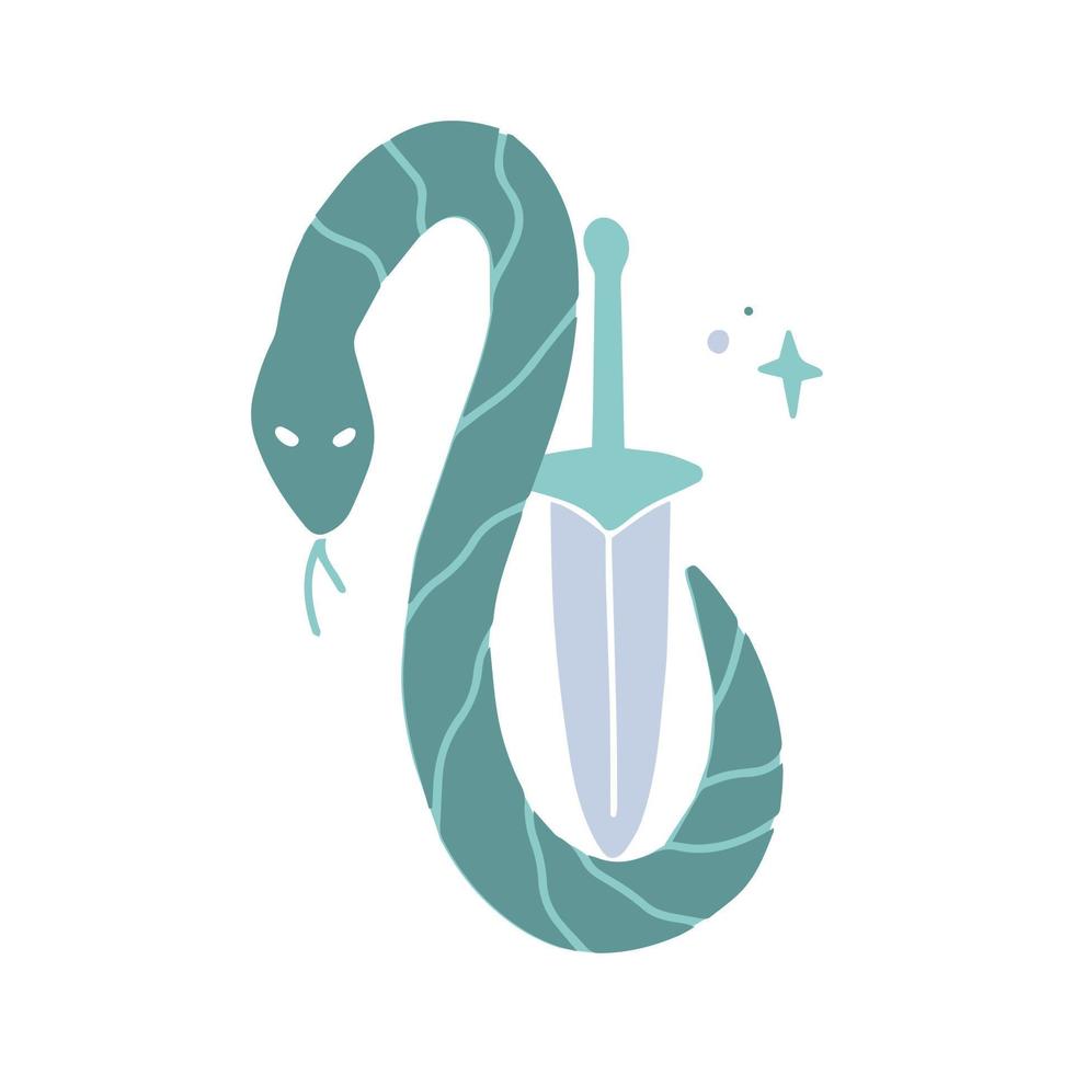 Snake and sword, hand drawn doodle minimalistic mysterious object. vector