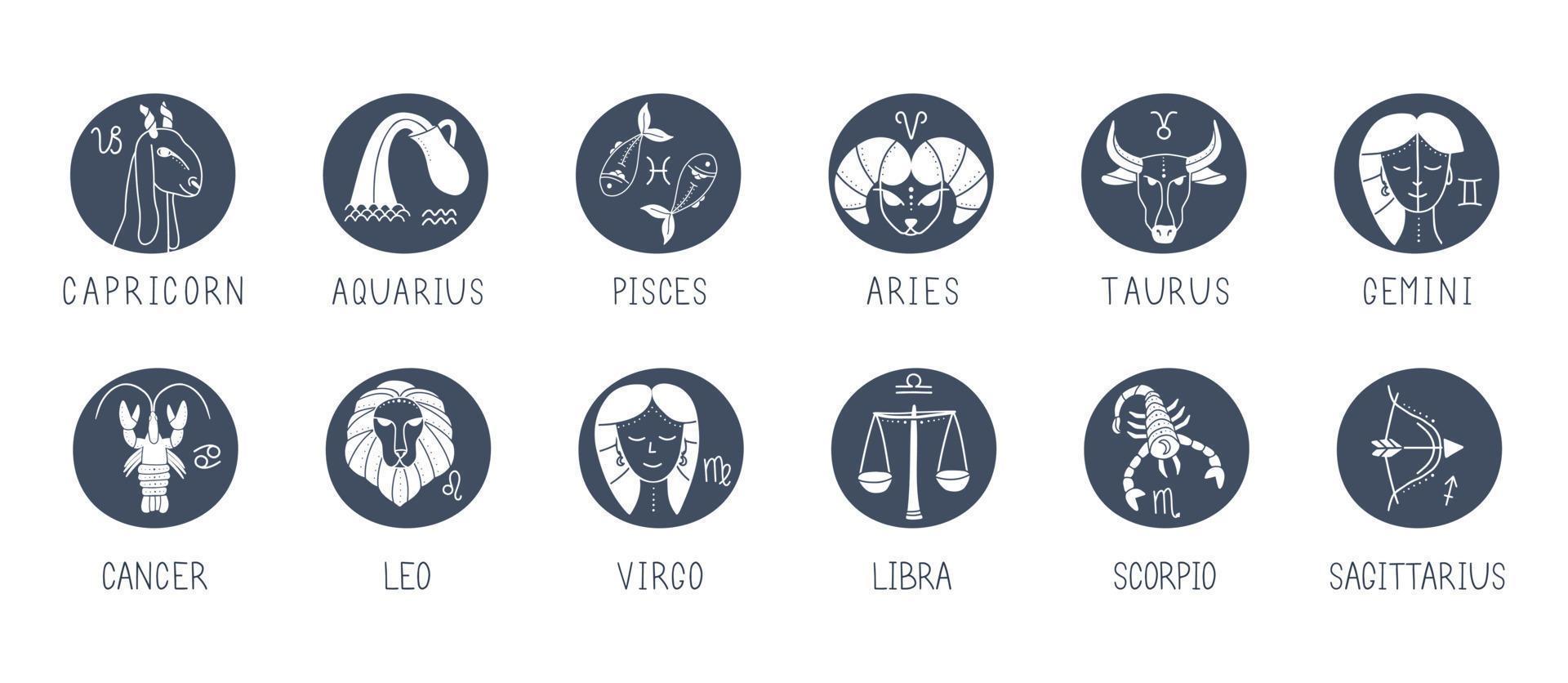 Vector set of zodiac signs. Symbols 12 signs with inscriptions on the blue sky. Vector images of zodiac signs for astrology and horoscopes.