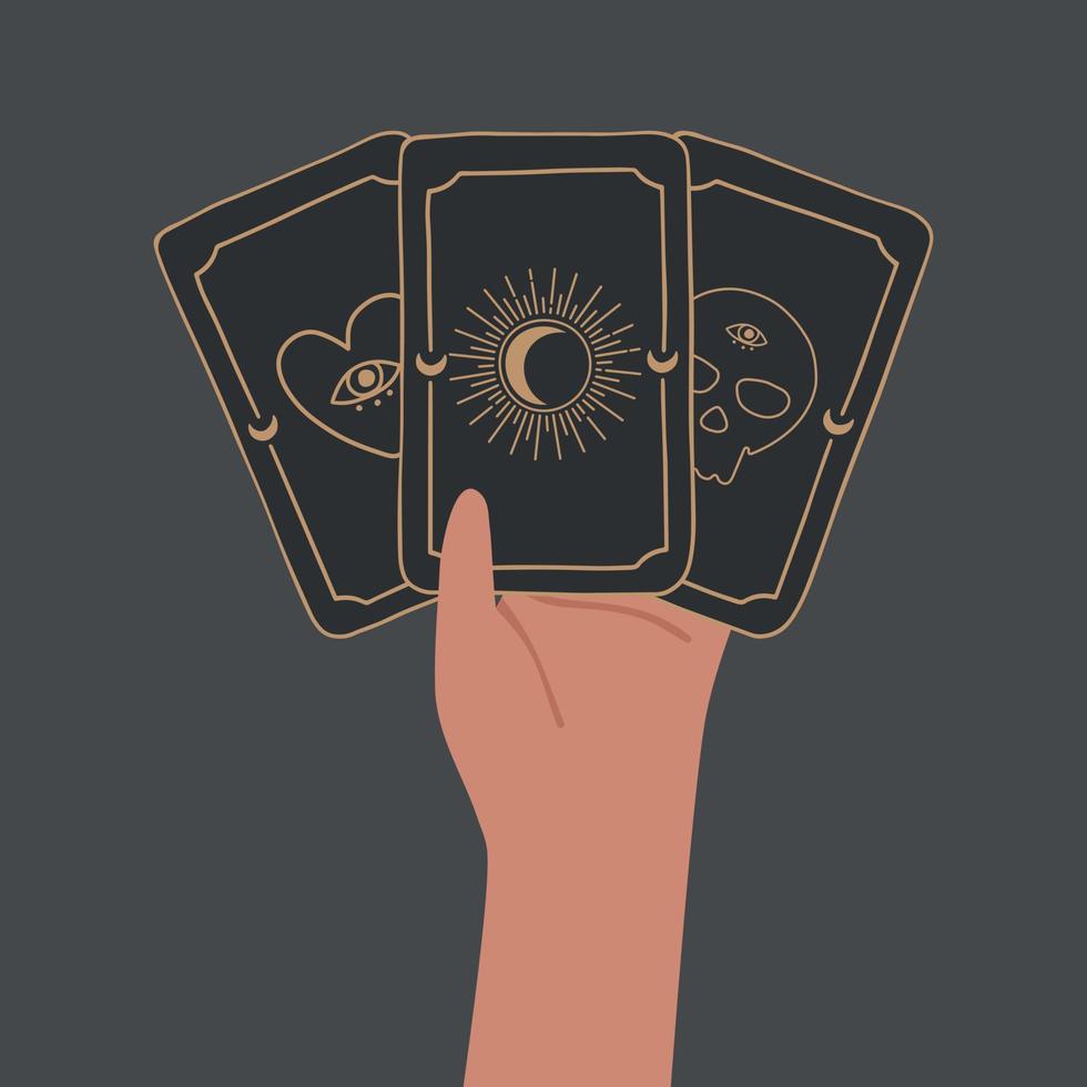 Hand holds magic tarot cards, boho, symbol of fortune-telling and prediction, icon for witch, astrology. Vector illustration isolated on black background.