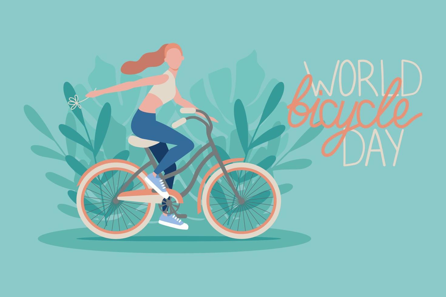 cartel del día mundial de la bicicleta con fondo de ciclismo de niña con monstera. concepto ecológico. vector