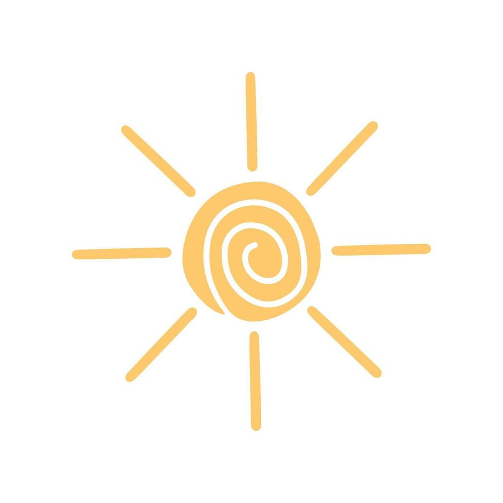 sol amarillo aislado sobre fondo blanco. ilustración dibujada a mano de dibujos animados brillantes. rayos naturales. ahorro de energía estilo de vida saludable. caminar al aire libre pronóstico del tiempo soleado. felicidad de la luz de la mañana. vector