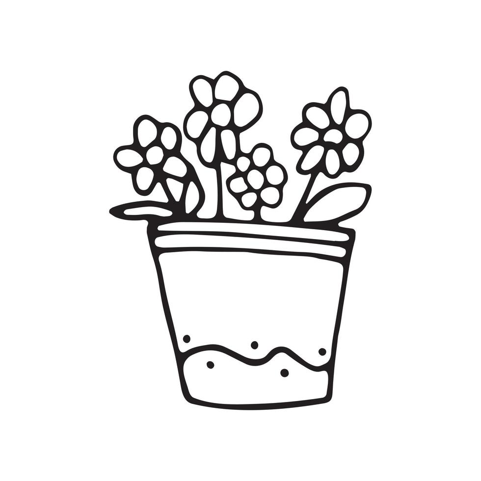 Potted flowers are drawn with a black line on a white background. Vector doodles.