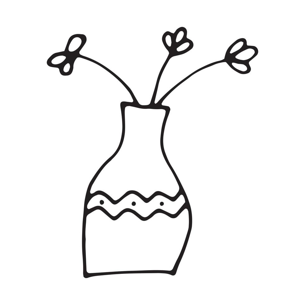 Flowers in vases are drawn with a black line on a white background. Vector doodles.