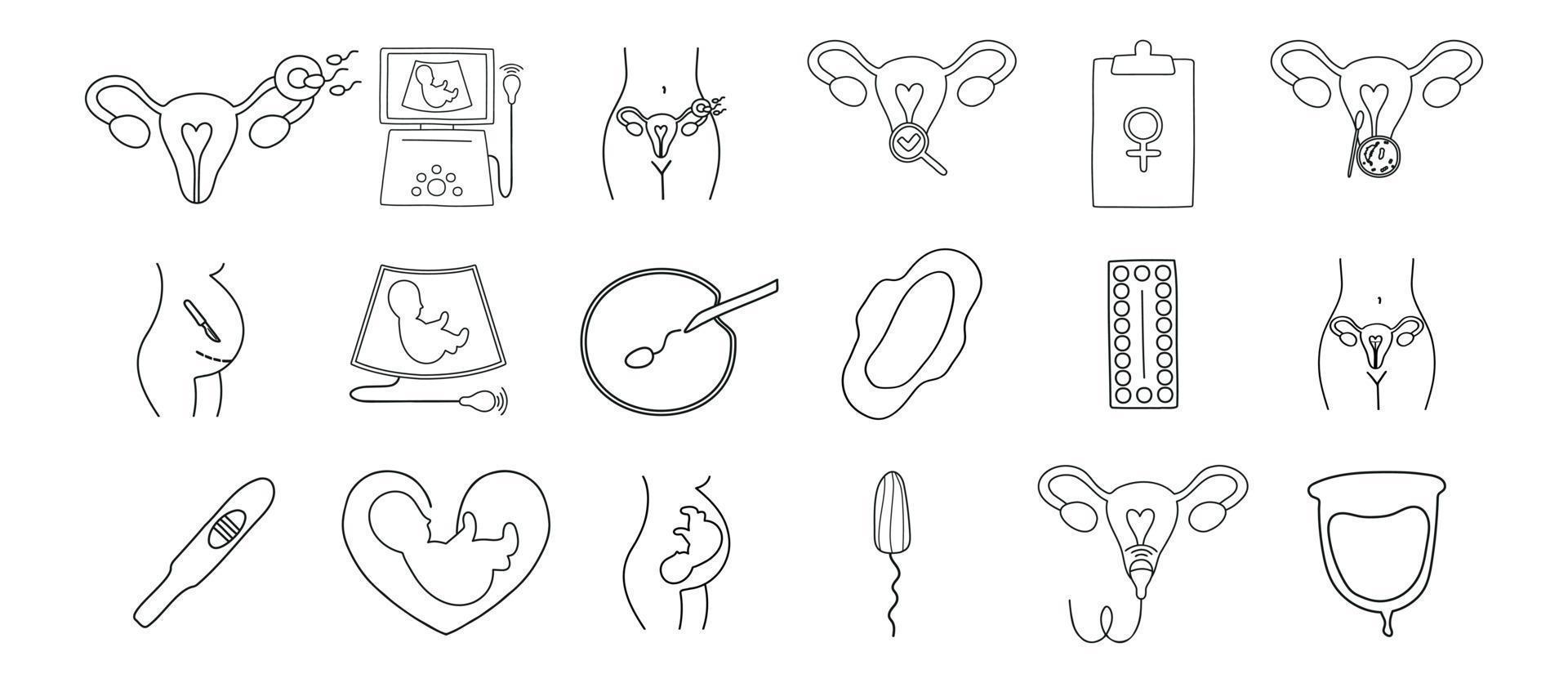 Gynecology and obstetrics icons set. Ultrasound, check up, artificial fertilization, gynecological surgery, birth control pills, menstruation. Ultrasound, artificial fertilization, pregnancy, fetus. vector