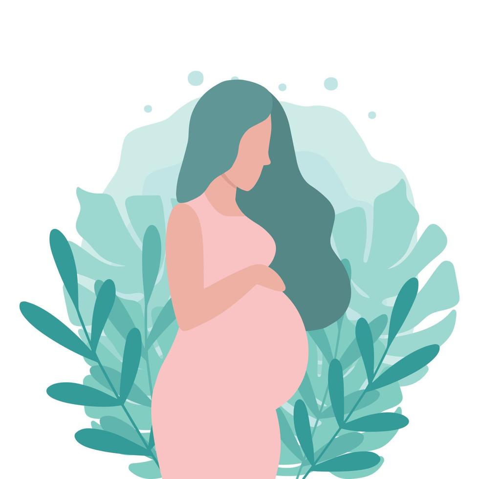 A happy pregnant woman holds her stomach. Pregnancy. Happy pregnancy. Flat vector cartoon illustration.