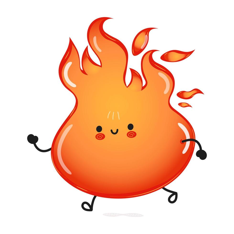 lindo fuego corriendo divertido. icono de ilustración de personaje kawaii de dibujos animados dibujados a mano vectorial. aislado sobre fondo blanco. ejecutar el concepto de fuego vector