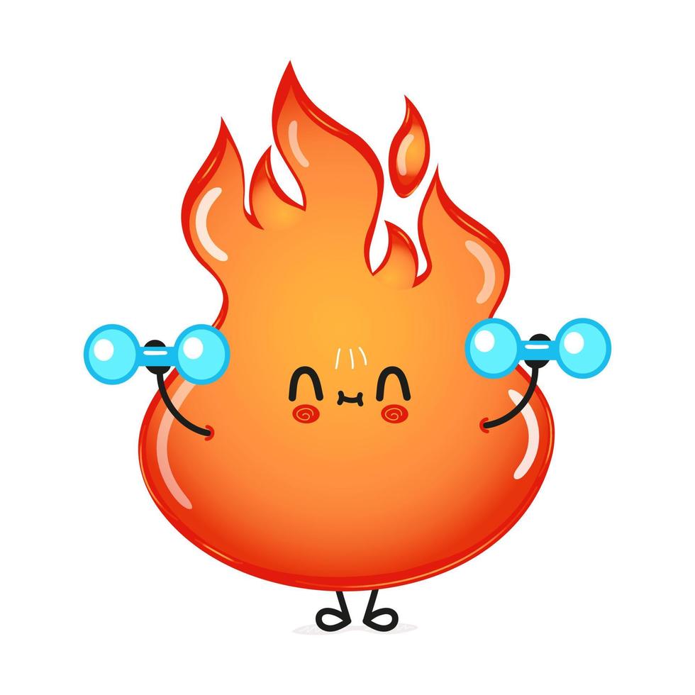 Cute funny fire character with dumbbells. Vector hand drawn cartoon kawaii character illustration icon. Isolated on white background. fire character gym concept