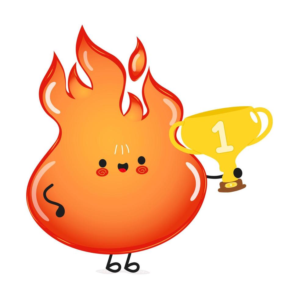 Cute funny fire hold gold trophy cup. Vector hand drawn cartoon kawaii character illustration icon. Isolated on blue background. Fire with winner trophy cup