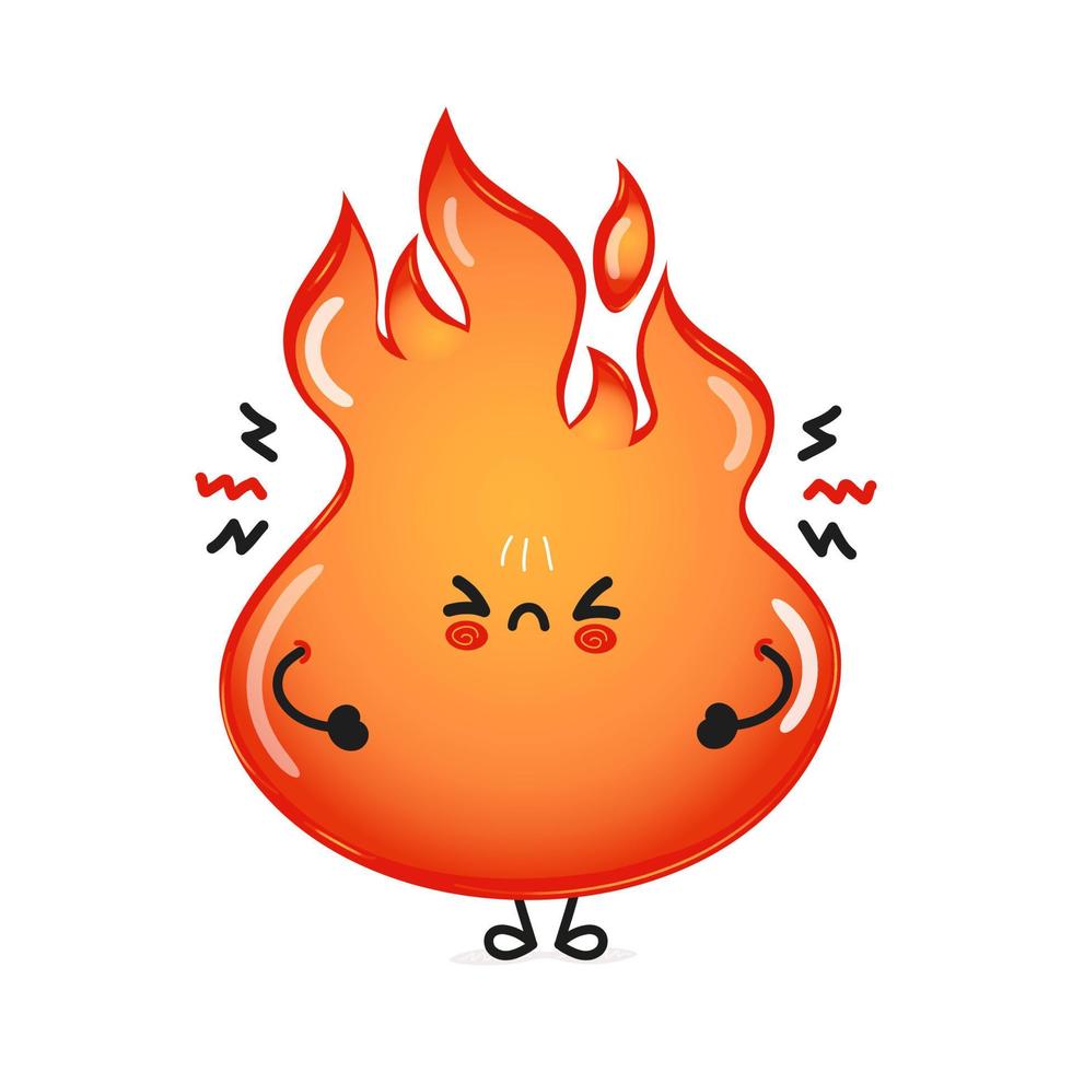 lindo personaje de fuego enojado. icono de ilustración de personaje kawaii de dibujos animados dibujados a mano vectorial. aislado sobre fondo blanco. concepto de personaje de fuego triste vector