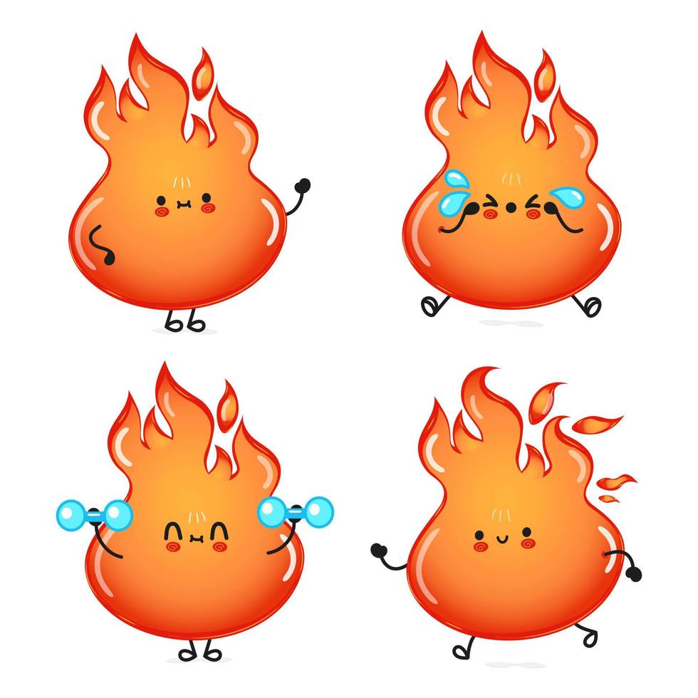 Funny cute happy fire characters bundle set. Vector hand drawn doodle style cartoon character illustration icon design. Cute fire mascot character collection