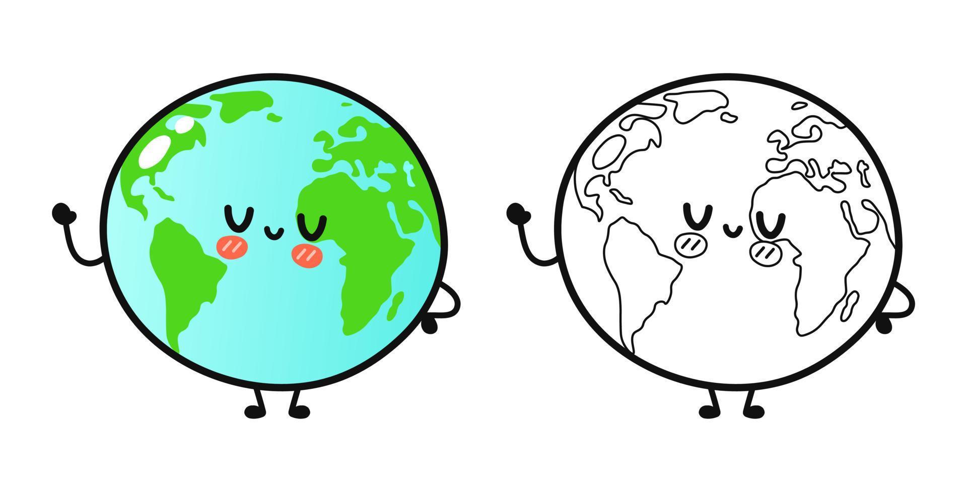 Funny cute happy planet Earth characters bundle set. Vector hand drawn cartoon kawaii character illustration icon. Cute planet Earth. Outline cartoon illustration for coloring book