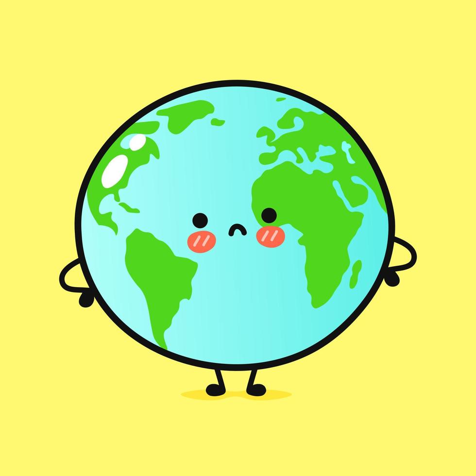 Cute angry planet Earth character. Vector hand drawn cartoon kawaii character illustration icon. Isolated on yellow background. Sad planet Earth character concept