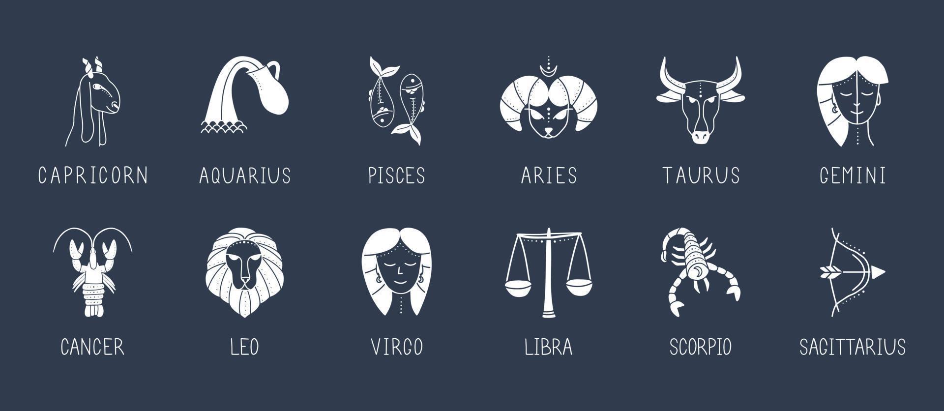 Vector set of zodiac signs. Symbols 12 signs with inscriptions on the blue sky. Vector images of zodiac signs for astrology and horoscopes.