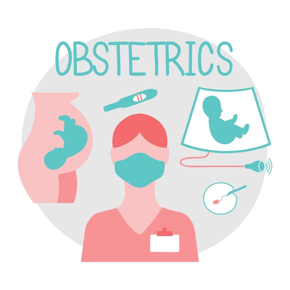 Obstetrics icons set. Ultrasound, artificial fertilization, pregnancy, fetus, embryo in woman's belly, pregnancy test. vector
