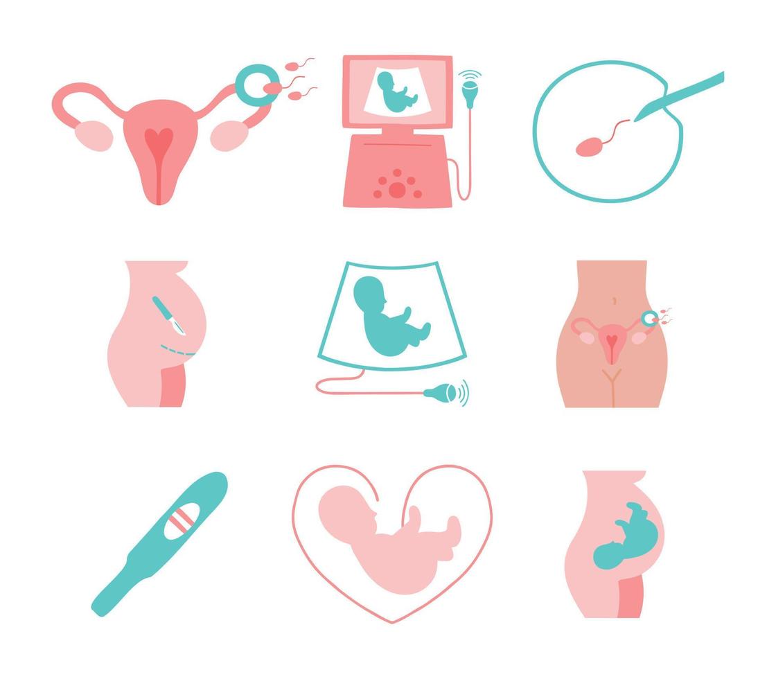 Obstetrics icons set. Ultrasound, artificial fertilization, pregnancy, fetus, cesarian section, intrauterine insemination, pregnancy test, embryo in woman's belly, embryo on ultrasound. vector