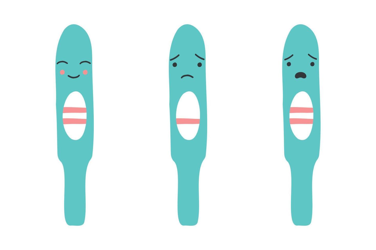 A set of pregnancy test characters with positive and negative results. Pregnancy planning and unexpected pregnancy. vector