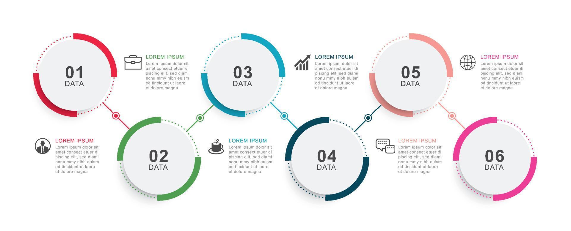 Infographics circle timeline with 6 number data template. Vector illustration abstract background.
