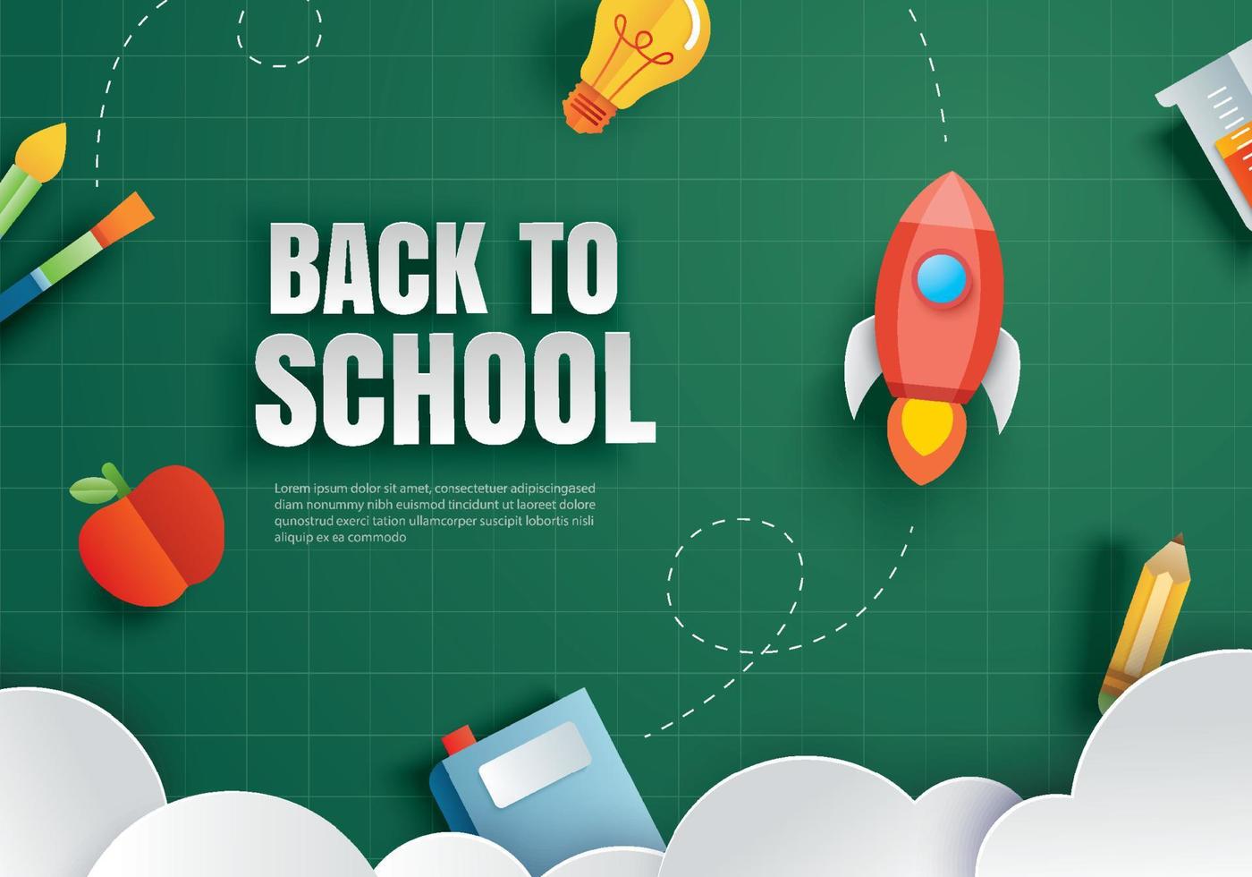 Back to school with education items on green chalkboard background in paper art style. vector