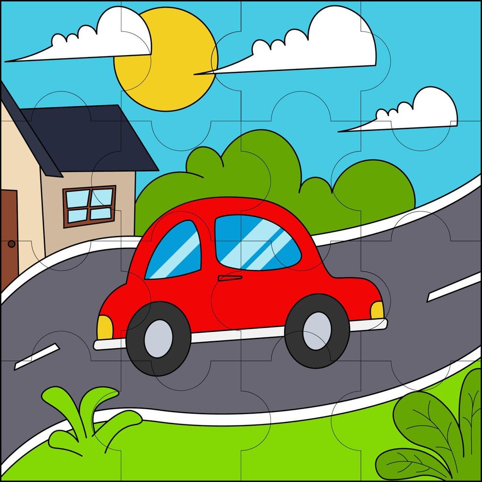 Car on the highway suitable for children's puzzle vector illustration