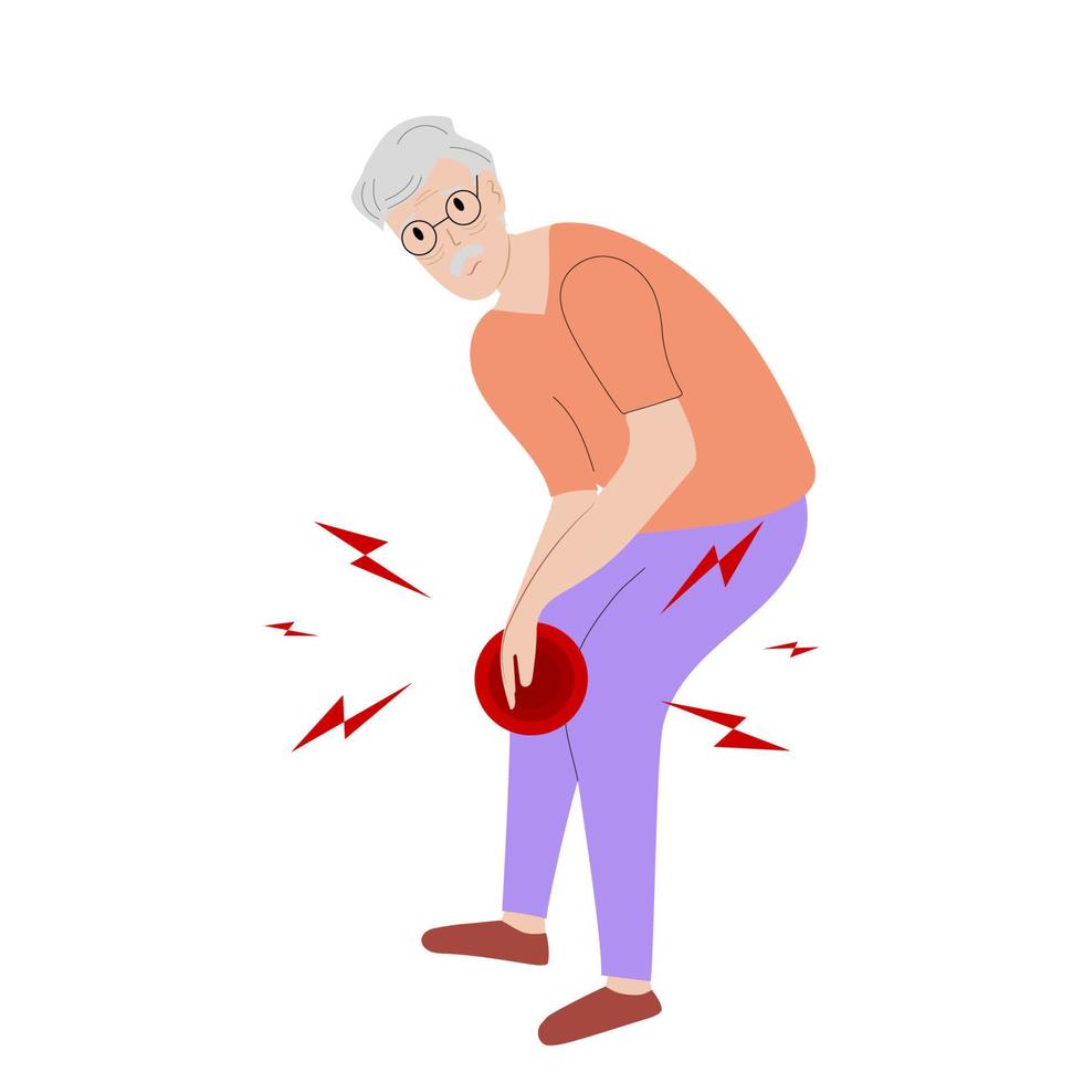 Senior man have knee pain, leg pain in flat design on white background. Guy use hand touching on leg and massage to relax his muscle. Vector illustration.