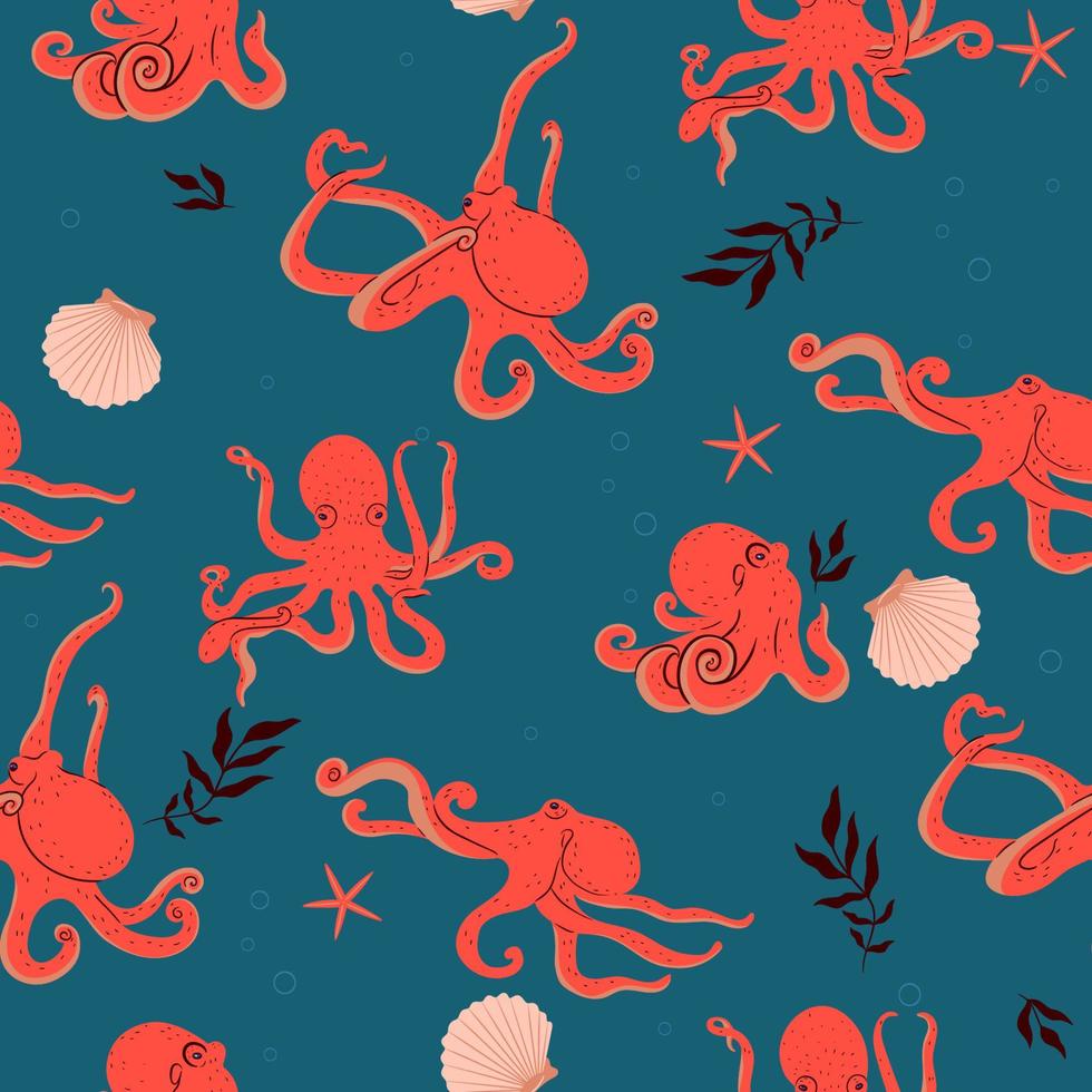 Seamless pattern with octopuses, starfish, seashells, algae. Vector graphics.