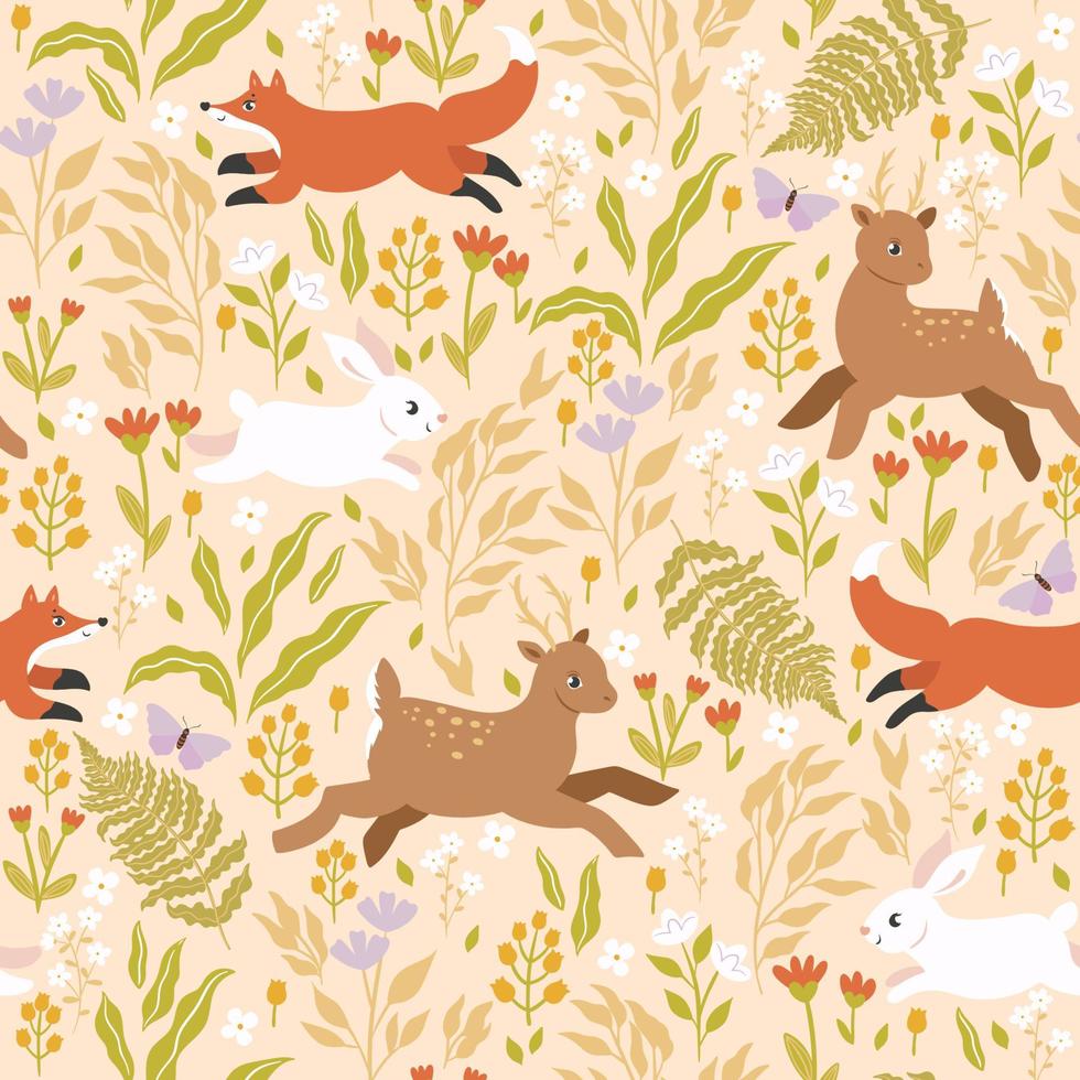 Seamless pattern with cute forest animals. Vector graphics.