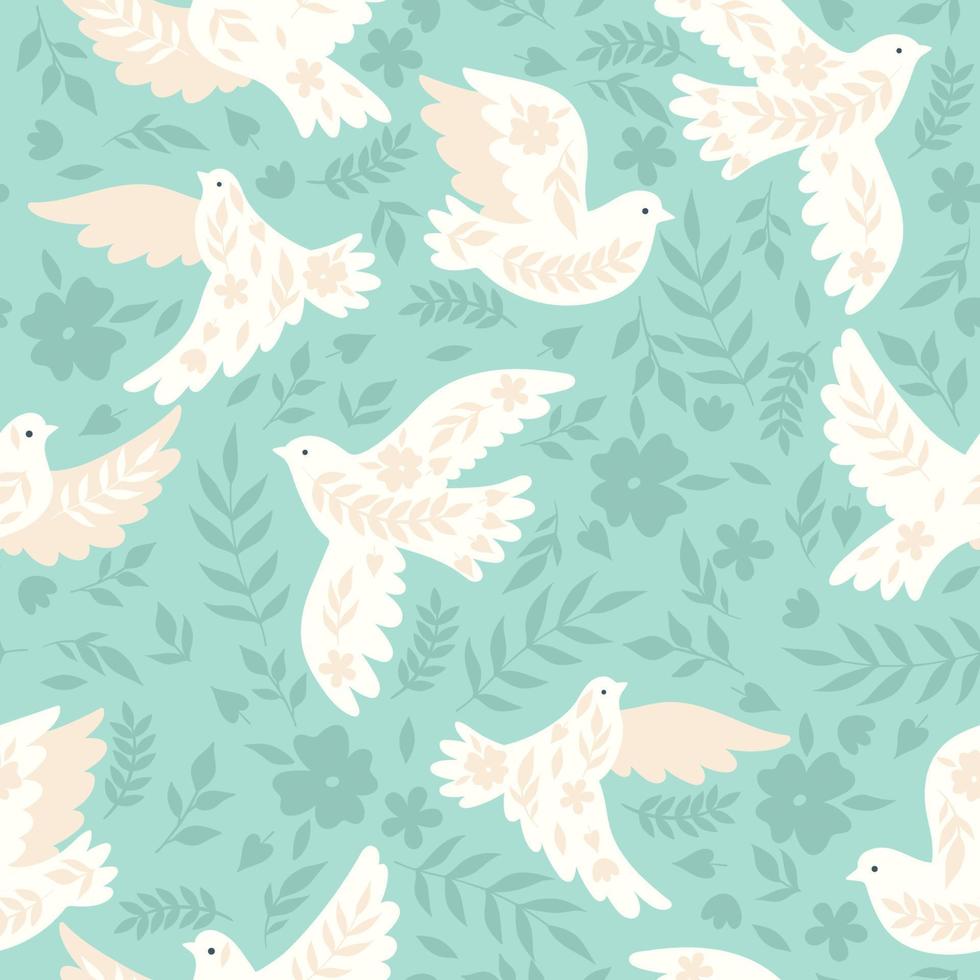 Seamless pattern with doves on a blue background. Vector graphics.