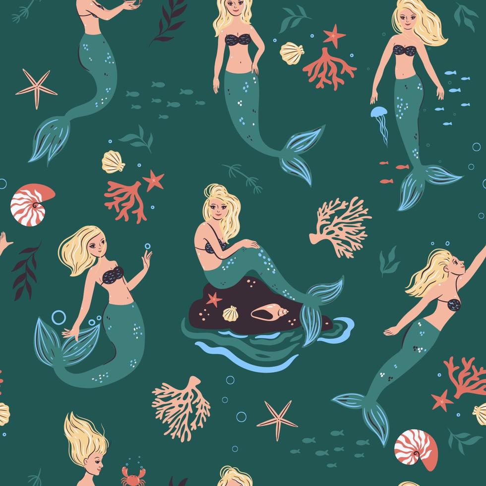 Seamless pattern with mermaids and marine life. Vector graphics.