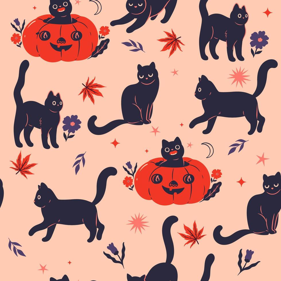 Seamless pattern with black Halloween cats. Vector graphics.
