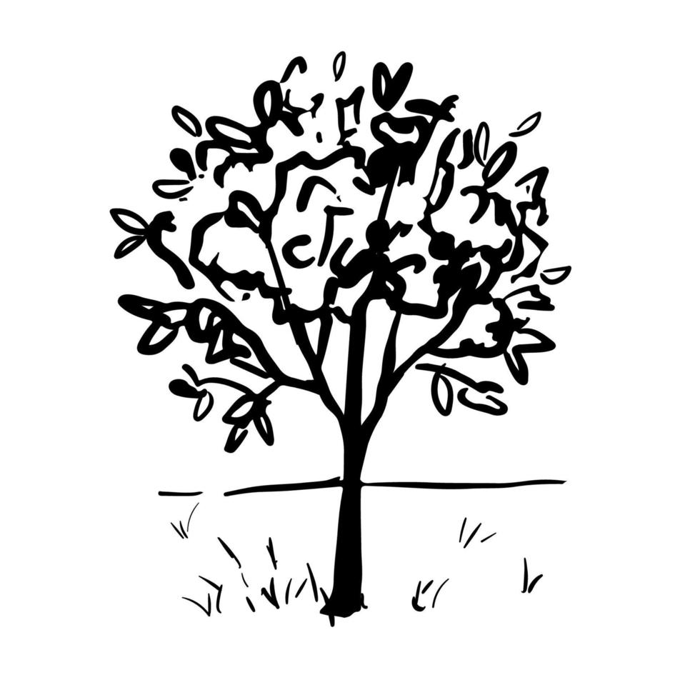 Grass, lonely tree. Simple hand drawn vector doodle drawing. Ink sketch.