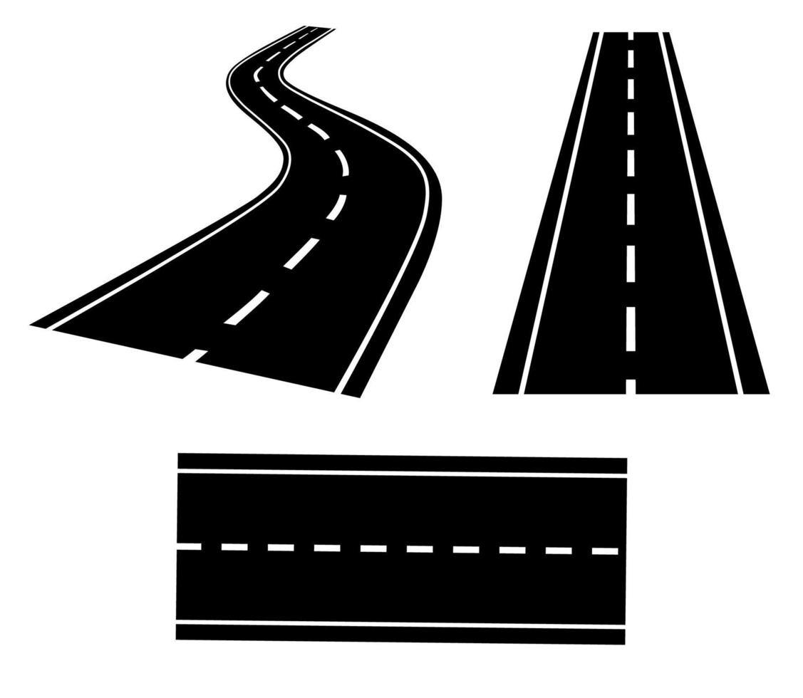 Road icon. Set with road, highway, straight and curved into perspective. Vector illustration is isolated on white background