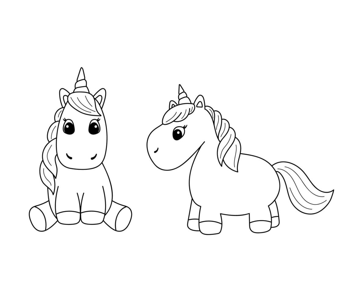 Fantasy outline illustration with cute baby unicorn for coloring page. Vector little unicorns isolated on white background.