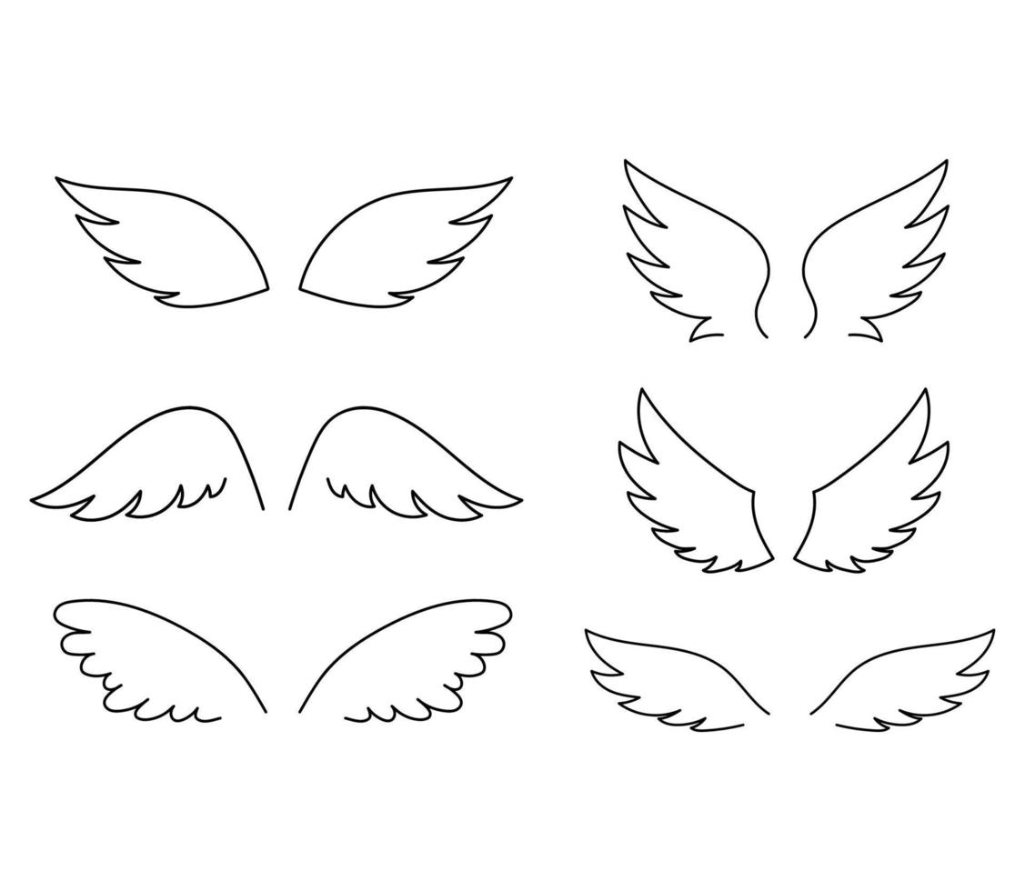 Cute wings set isolated on white background. Vector outline icons angel or bird stylized wings collections.