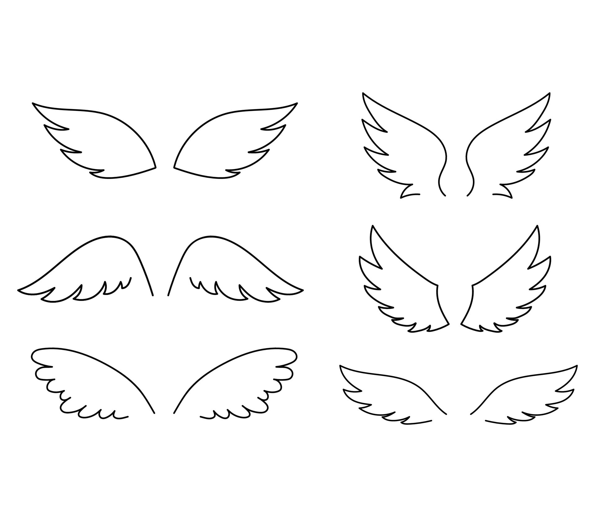 Cute wings set isolated on white background. Vector outline icons angel ...
