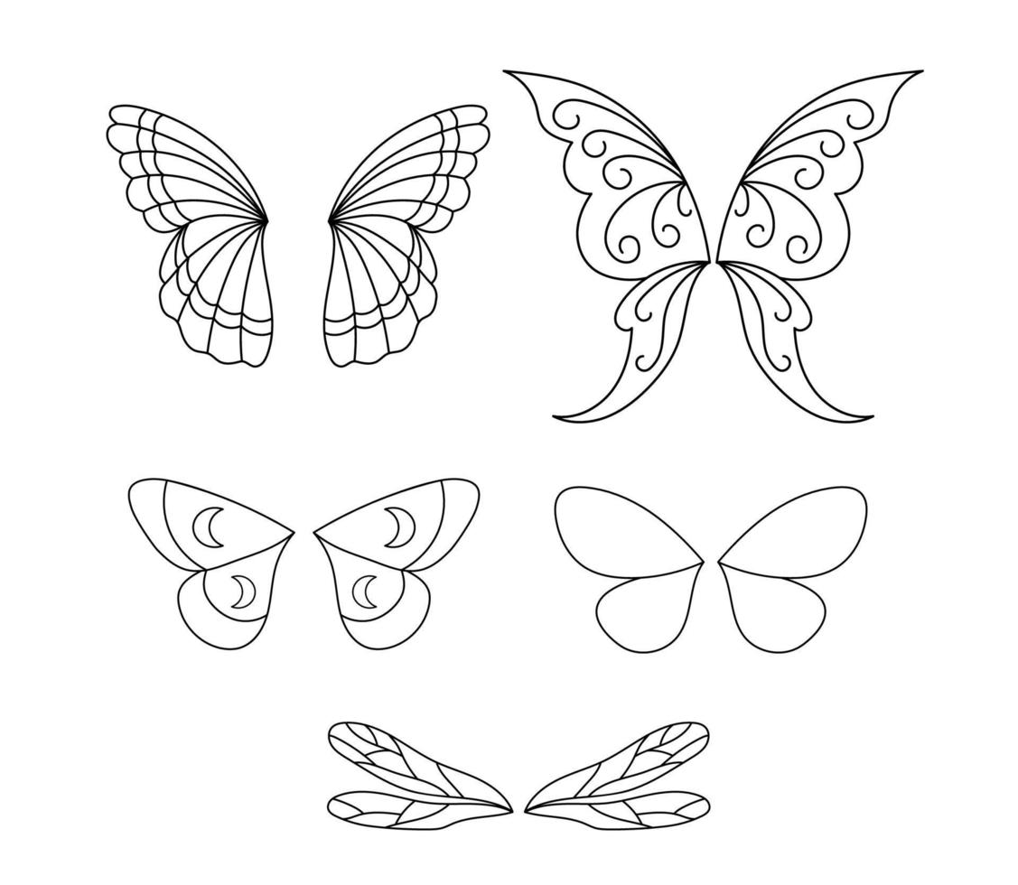 Cute wings set isolated on white. Vector outline icons butterfly and fairy stylized wings collections.