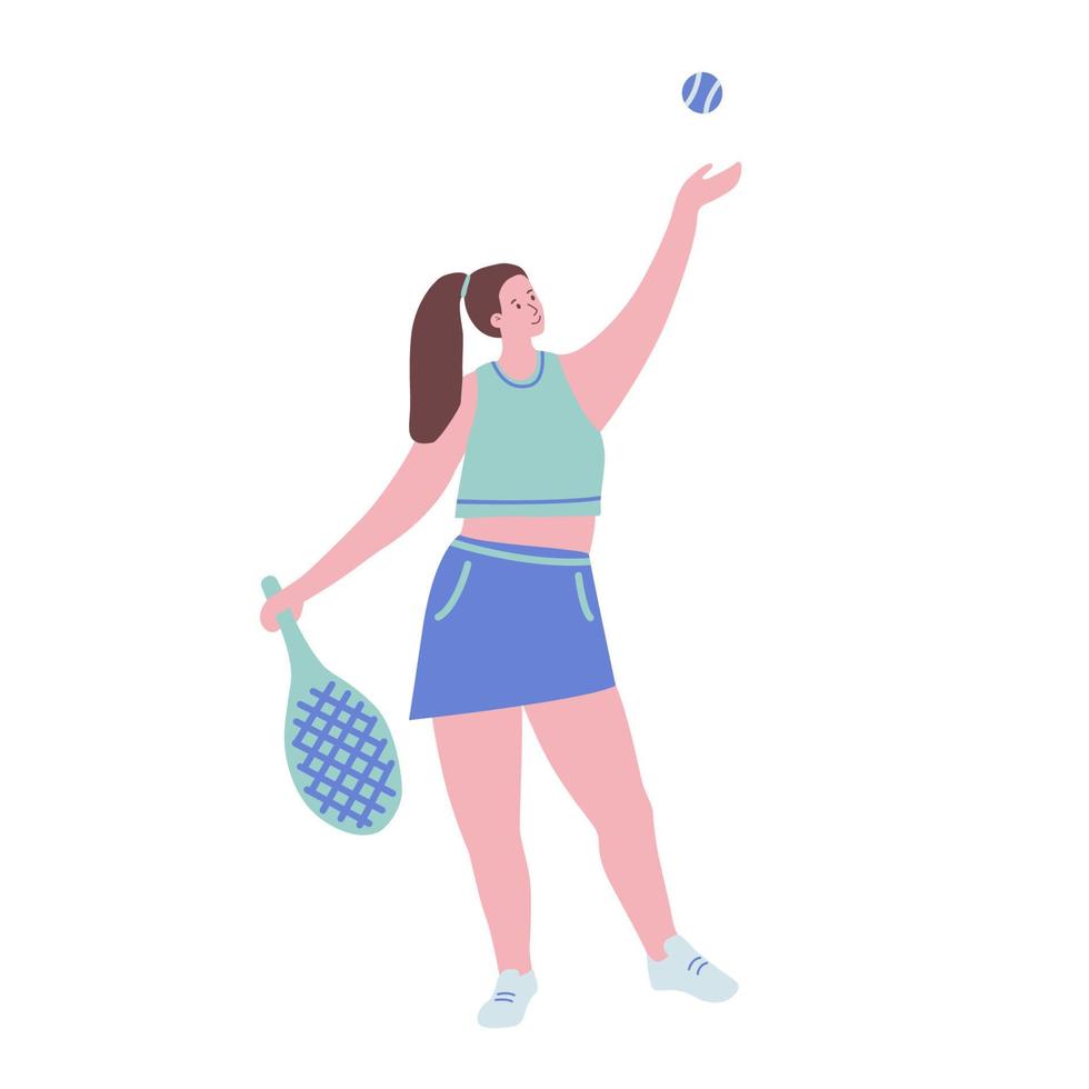 Cool flat vector character design with female tennis player. Sportswoman ready to play tennis wearing short skirt and holding racket. Vector illustration isolated on white