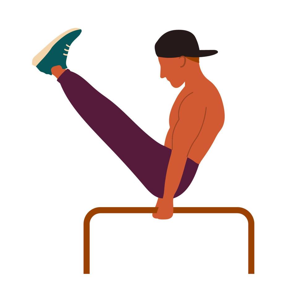 A man in a cap with a bare torso does exercises on bars. Outdoor sports, workout. Vector Illustration isolated on white